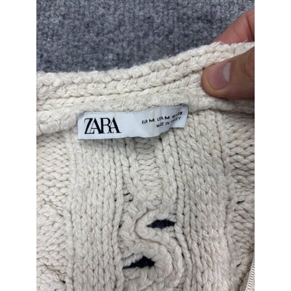 Zara Cardigan Sweater Womens Medium Cream Chunky Cable Knit Cropped Button Front - Picture 2 of 7